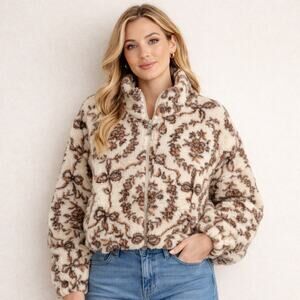 Kimchi Blue Snow Bunny Teddy Jacket Womens Medium Pockets White Brown Cropped